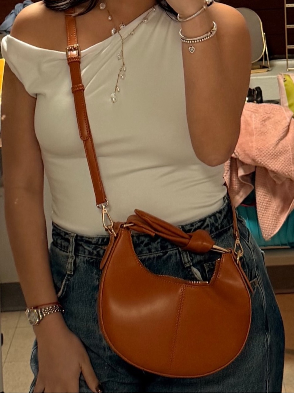 Melie Bianco Tan Crescent Crossbody Bag